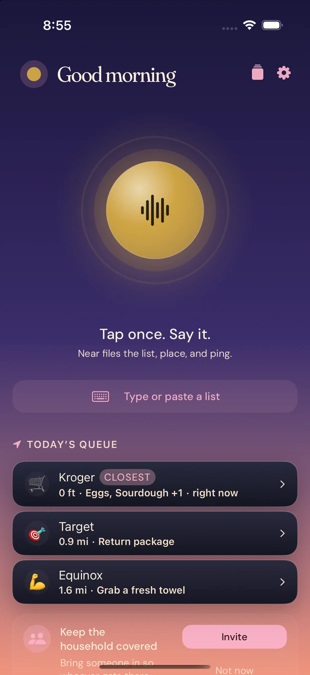 BoopThere's home screen on iPhone. A large tap-to-speak button reading Tap once. Say it, and a list headed Today's queue: Kroger 0.1 miles away and marked closest, Target, Equinox, each with what is waiting there.