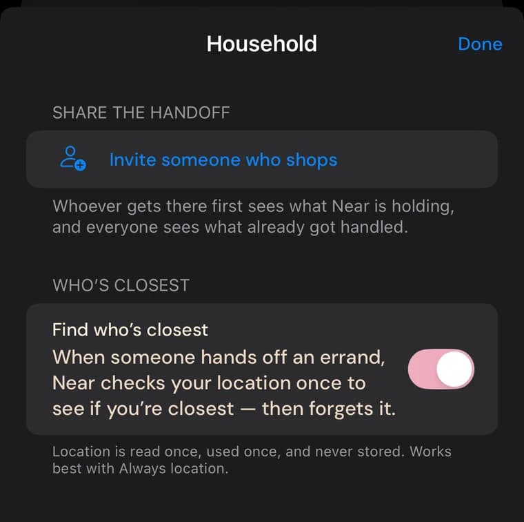 BoopThere's Household settings: an invite row, and a Find who's closest switch with the note that location is read once, used once, and never stored.