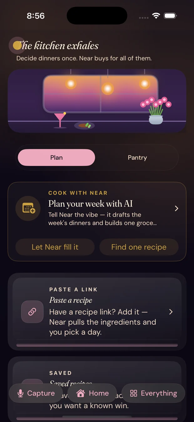 BoopThere's meal planning screen on iPhone, headed The kitchen exhales, with a plan-your-week-with-AI card and a tab for the pantry.