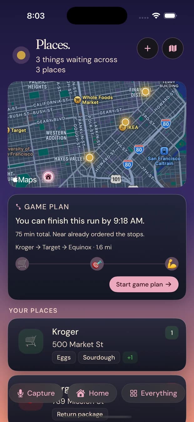 BoopThere's Places screen on iPhone. A map with glowing pins, a game plan card reading you can finish this run by 9:18 AM, and a list of saved places with the items waiting at each.