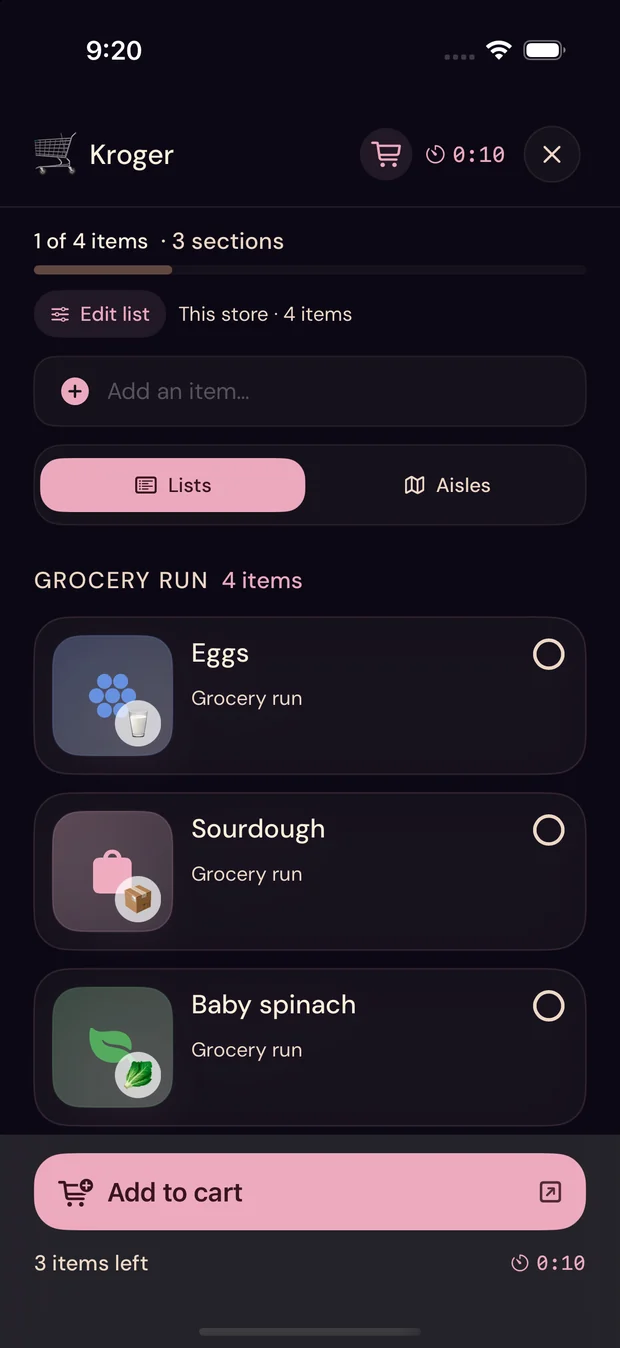 BoopThere open at Kroger: one of four items done, three sections, a Lists and Aisles switch, and the grocery run listed with an Add to cart button.